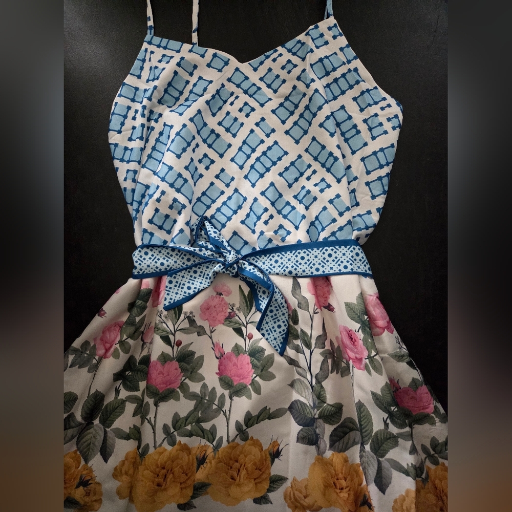 NWT - Dalia MacPhee Multi Floral Tie Shoulder Belted Waist Midi Dress - Size L - Picture 15 of 16